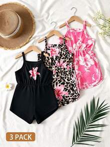 SHEIN Bộ 3 áo liền quần cho bé gái sơ sinh, màu trắng, hồng, họa tiết hoa sọc nhiều màu sắc, không tay, thoải mái và giản dị cho mùa hè mặc hàng ngày. - Nhiều màu - Xem 8
