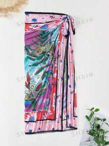 SHEIN Swim Tropical Print Knot Side Cover Up Skirt,Summer Beach - Multicolor - View 4