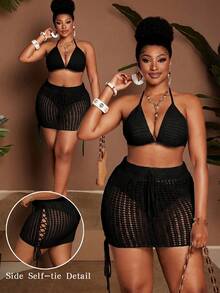 Maweii Bộ đồ nữ gồm áo croptop hở lưng cổ yếm gợi cảm, thời trang và chân váy ngắn cạp chun thắt nơ, thích hợp cho kỳ nghỉ biển, cỡ lớn. - màu đen - Xem 1