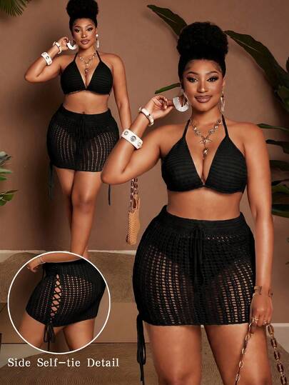 Maweii Bộ đồ nữ gồm áo croptop hở lưng cổ yếm gợi cảm, thời trang và chân váy ngắn cạp chun thắt nơ, thích hợp cho kỳ nghỉ biển, cỡ lớn.