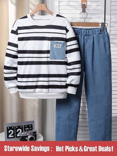 SHEIN 2 件套青少年男孩时尚条纹印花圆领运动衫和直筒牛仔裤套装，秋冬