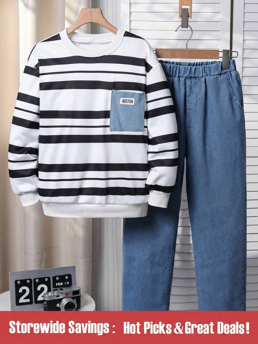 SHEIN 2 件套青少年男孩时尚条纹印花圆领运动衫和直筒牛仔裤套装，秋冬 - 彩色 - 查看 1