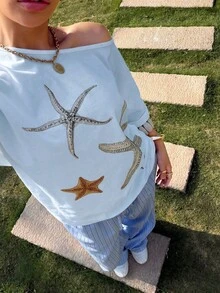 SHEIN Muchic 浅蓝色海星印花不对称肩部女式T恤 - 淺藍色 - 查看 7