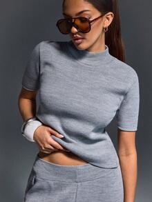 SHEIN Ribbed Knit Mock Neck Sleeveless Top & Wide Leg Pants Co-Ord Set – Minimal Stretch Lounge Matching Set - Grey - View 4