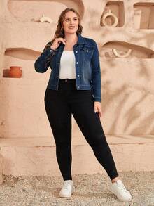 EMERY ROSE Plus Size Women Long Sleeve Single-Breasted Casual Denim Jacket - Dark Wash - View 4