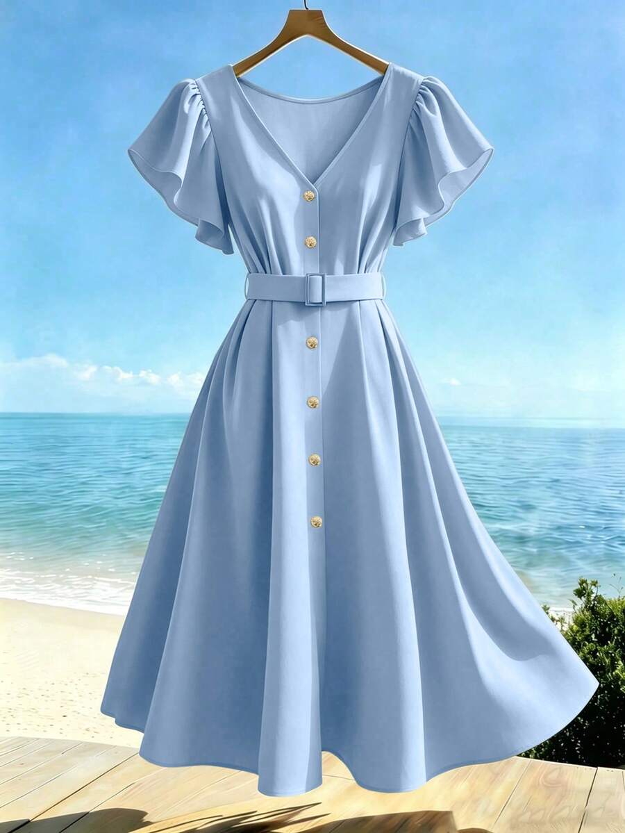 Franclia Robe mi-longue avec encolure en V, manches à volants, boutons métalliques à la taille. Robe élégante de bureau style A-line - Bleu ciel - Voir 1