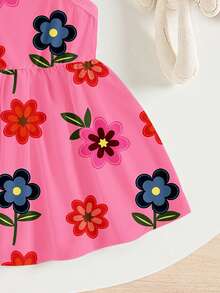 1件女婴休闲可爱花卉植物印花针织吊带连衣裙，夏季度假连衣裙 - 粉色 - 查看 5