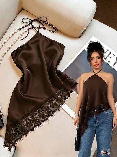 GlowEve Women's Coffee Brown Camisole,Summer Halter Neck Tie Asymmetric Hem Lace Trim Backless Bodycon Top,Elegant Sleeveless Blouse For Night Out Party