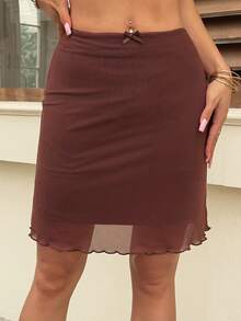 DAZY Solid Color Fitted Bodycon Knee-Length Contrast Mesh Elegant Sexy Summer Skirt Skort For Women Vacation - Brown - View 3