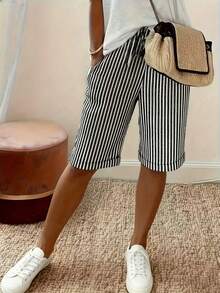 Bermudas de pierna ancha con cordón en la cintura, a rayas verticales en blanco y negro - Negro - Ver 1