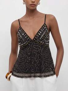 MAIJA Rhinestone V Neck Spaghetti Strap Cami Top - Black - View 1