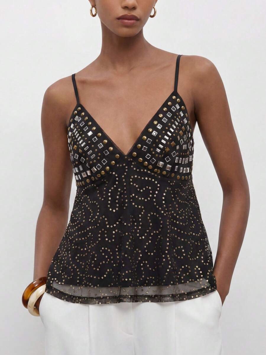MAIJA Rhinestone V Neck Spaghetti Strap Cami Top - Black - View 1