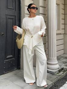 Dazy Plus Textured Waist-Cinching Elegant Commuter Gold Decor Long Sleeve White Blouse, Plus Size, Spring/Summer Resort Style - White - View 4