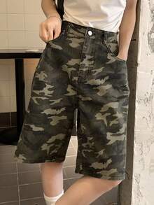 DAZY Quần short denim nữ dáng rộng, họa tiết rằn ri, có túi. - xanh quân đội - Xem 3