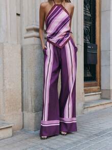Nöista Women's 2pcs Halter Neckline Co-Ord Set, Diagonal Stripes Top Vertical Stripe Wide-Leg Pants, Pink, Summer, Casual, Vacation, Spring, Easter - Purple - View 4