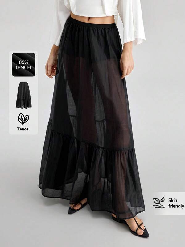 Ontre Đầm nữ màu đen chất liệu Tencel, thoải mái, xuyên thấu, thiết kế xếp ly, kiểu dáng Bohemian, thích hợp cho kỳ nghỉ biển, phong cách thành thị, công sở, trang phục dự tiệc cưới thanh lịch, kiểu dáng tối giản sang trọng, đa năng cho mọi mùa.
