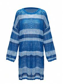 SHEIN Swim Plus Size Women Plus Size Long Sleeve Loose Gradient Pink Hollow Cute Beach Cover Up For Summer Beach Vacation - Blue - View 7