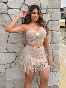 Maria Perezxox Bộ đồ nghỉ dưỡng 2 món cho nữ: Áo len dệt kim họa tiết và chân váy ngắn tua rua kim loại, thích hợp cho tiệc tùng, hẹn hò, kỳ nghỉ ở bãi biển, trang phục mùa hè, ngày lễ, trà chiều, mùa cưới, du ngoạn, nghỉ dưỡng thành phố, kỳ nghỉ theo phong cách Boho, lễ hội âm nhạc - Màu Khaki - Xem 4