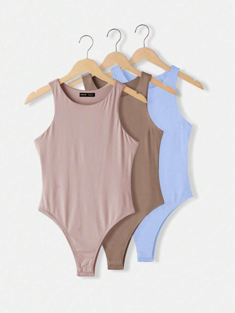 SHEIN BASICS 3件組女款休閒圓領無袖修身純色針織連身衣 夏季居家服 灰粉色、巧克力棕、水藍色