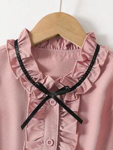 Elladie kids 少女春夏休闲优雅通勤甜美圆领无袖荷叶边复古风衬衫，纯色衬衫 - 粉色 - 查看 3