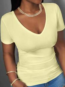 Slaydiva 2025 New Basic Sleeveless V-Neck Ribbed Tank Top For Plus Size Women, White - Light Yellow - View 1