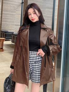 DAZY 女士优雅纯色PU皮革宽松腰部常规夹克，秋季女式外套 - 咖啡棕 - 查看 1