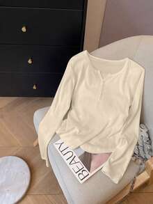 Camiseta de manga larga con cuello de pico casual y decoración de botones de unicolor para mujer - Multicolor 2 - Ver 5