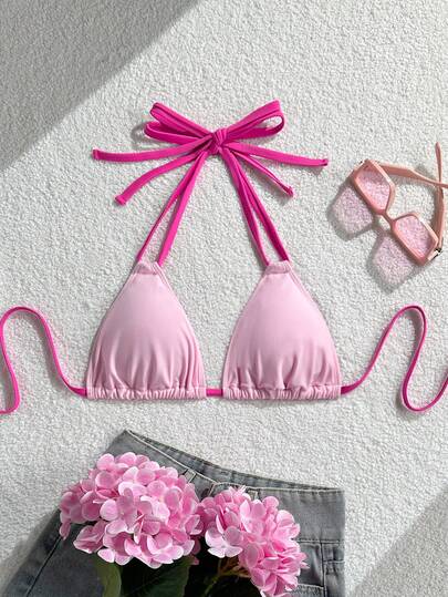 Swim Vcay 2026 New Plus Size Women's Fuchsia Spicy Triangle Bikini Top, Beach Holiday Vacation Swimwear, Summer Holiday Outfit, Party Dress, Elegant Ladies Beach Swimsuit, Women Holiday Clothing