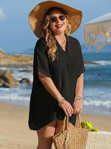 SHEIN Swim Lushore Áo kiểu dáng rộng rãi, thoải mái, cài cúc phía trước, màu trơn, gợi cảm, cỡ lớn. - màu đen - Xem 4
