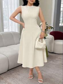 Feyla Damen Einfarbiges Kleid mit Kontrast-Spitze, elegantes ärmelloses Midi-Kleid - Aprikosenfarben - Übersicht 5