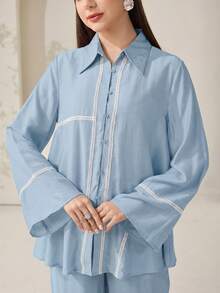 Veilorie Bộ đồ nữ thường ngày gồm áo và quần, gồm 2 món. - Màu xanh nhạt - Xem 4