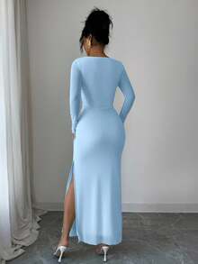 Elenzga Elenzya Women Summer Elegant Light Blue Long Sleeve Dress,Autumn Bar Party Chiffon Asymmetric Collar Waist Dress  Metal Butterfly Decor For Vacation - Baby Blue - View 2