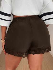 Maweii Plus Size Loose Lace Patchwork Bow Shorts - Brown - View 3