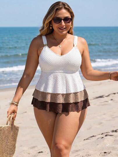 Swim Lushoire Plus Size Women Beach Holiday Contrast Color Ruffle Hem Camisole Tankini Set