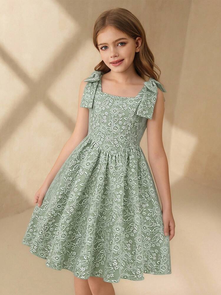 SHEIN Girls' Elegant Jacquard Floral Dress With Detachable Bow Strap Tween Spring Dress Spring Dresses For Girls Youth Girl Clothes Easter Dresses For Tweens Kids Dresses Girls Tea Party Dresses For Girls Vintage Dress For Girls Kids Dresses Girls 13 To 14 - Green - View 4