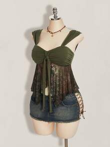 SHEIN ICON 女士度假风拼接腰果印花系带吊带背心 - 彩色 - 查看 5