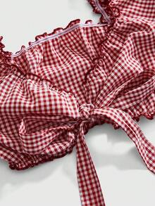 Sweetness Áo croptop tay raglan thắt nơ phía trước họa tiết kẻ caro dành cho nữ - Đỏ - Xem 3