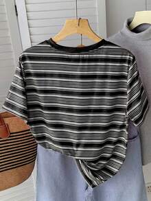 Teen Girls' Casual Versatile Sweet Pink Striped + Heart Embroidery Graphic Round Neck Regular T-Shirt - Black - View 2
