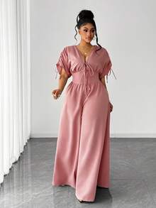 Maweii Mono elegante de manga corta con cuello en V y cordón ajustable para tallas grandes - Rosa vieja - Ver 2