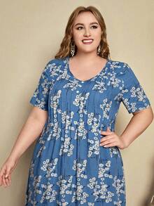 EMERY ROSE Plus Ditsy Floral Long Summer Dress With Sleeves Half Button Maxi Dress - Blue - View 4