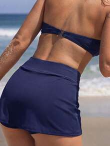 Women Beach Solid Color Elegant Side Slit Design Boardshorts - Navy Blue - View 2