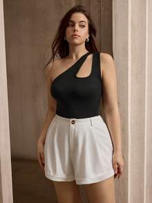 Flouryn New Spring/Summer Asymmetrical Shoulder Brown Fitted Top And Shorts 2 Pieces Set, Plus Size Gym - Multicolor - View 1