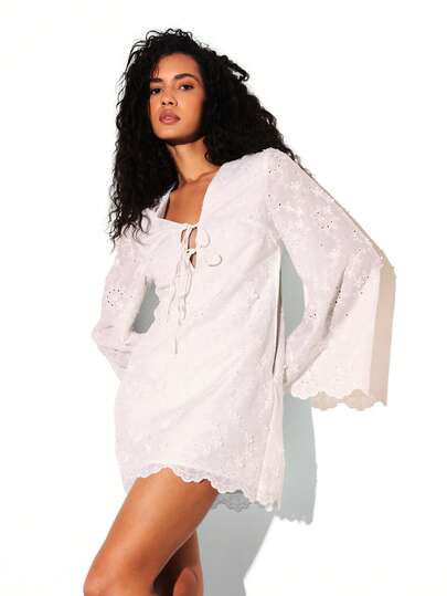 KSTM White Eyelet Embroidered Sleeveless Deep V Neck Mini Dress Summer Spring Casual Beach Feminine Boho Chic Scalloped Hem Broderie Anglaise Short