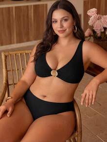 Swim Chiccia Plus Size Women Summer Beach Solid Color Metal Shell Decor Bikini Top - Black - View 4
