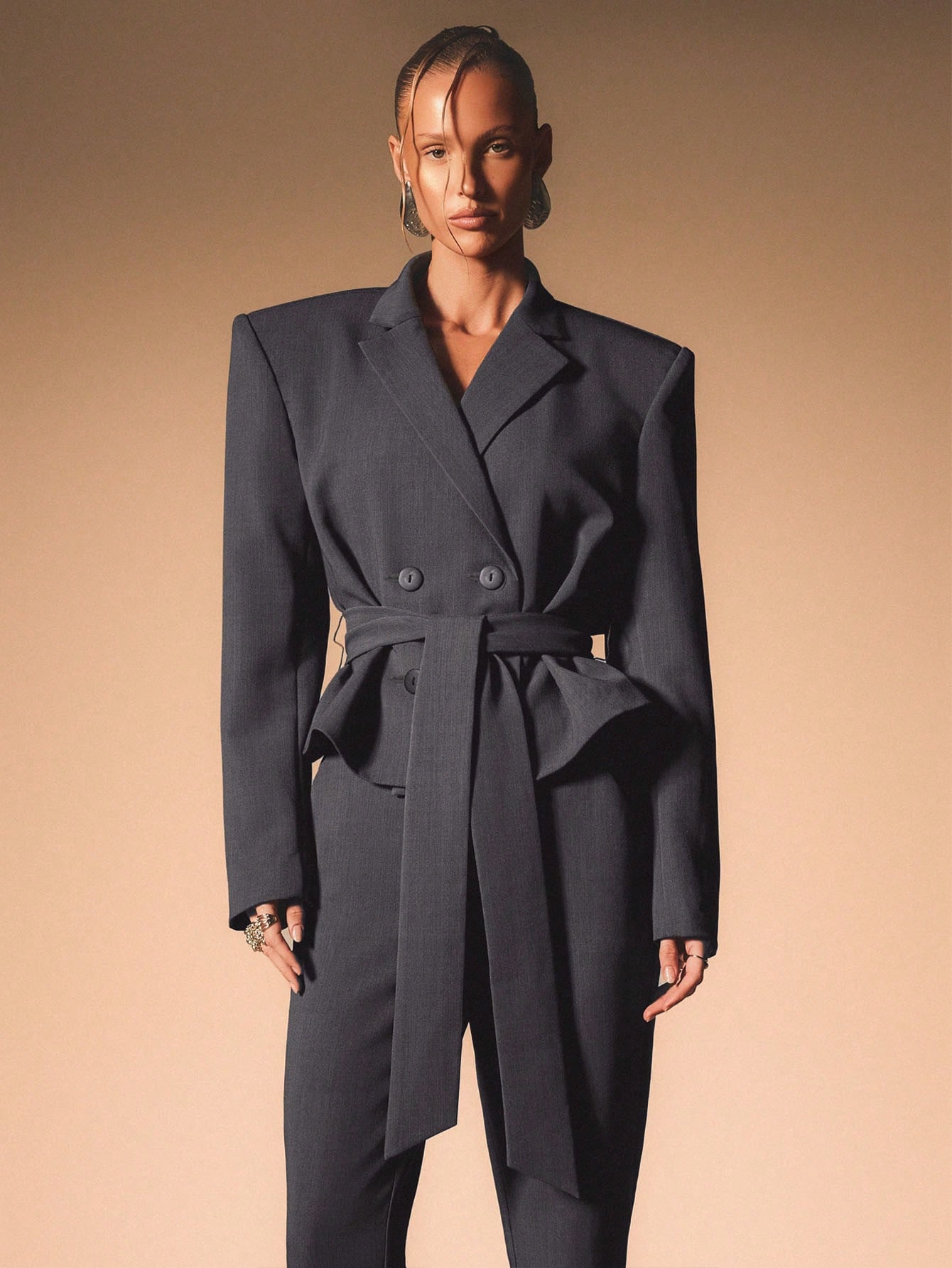 KIZN Double Breasted Belted Blazer With Lapels