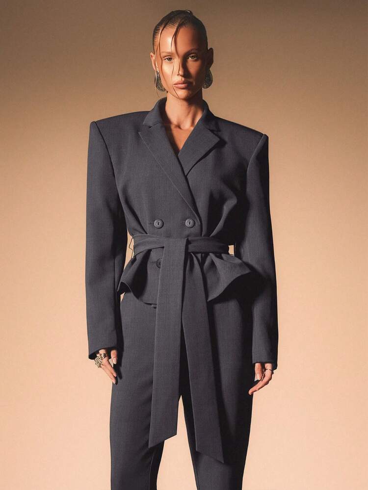 KIZN Damska dwurzędowa marynarka z paskiem, klapami i usztywnionymi ramionami, idealna do noszenia na co dzień, do biura, na jesień i zimę