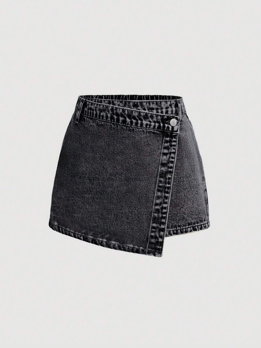 SHEIN Girlism Teen Girl Y2K Stonewashed Spring Break Asymmetric Waist Wrap Denim Skort, Summer - Black - View 1