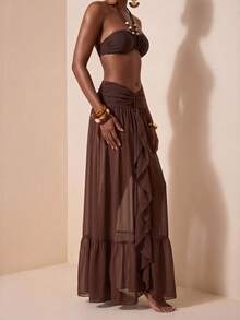 Zivah 最新款女士优雅镂空雪纺半身裙罩衫，适合海滩、泳池派对、度假，棕色 - 棕色 - 查看 3