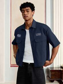 SWAVVY 男士字母印花短袖单排扣工装口袋衬衫 - 寶藍色 - 查看 6