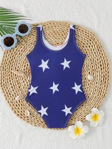 SHEIN Baju Renang Terusan Bayi Perempuan Bertema Hari Kemerdekaan Pantai, Cocok untuk Bermain di Kolam Renang, Baju Renang Terusan Musim Panas dengan Motif Acak - MultiWarna - View 2
